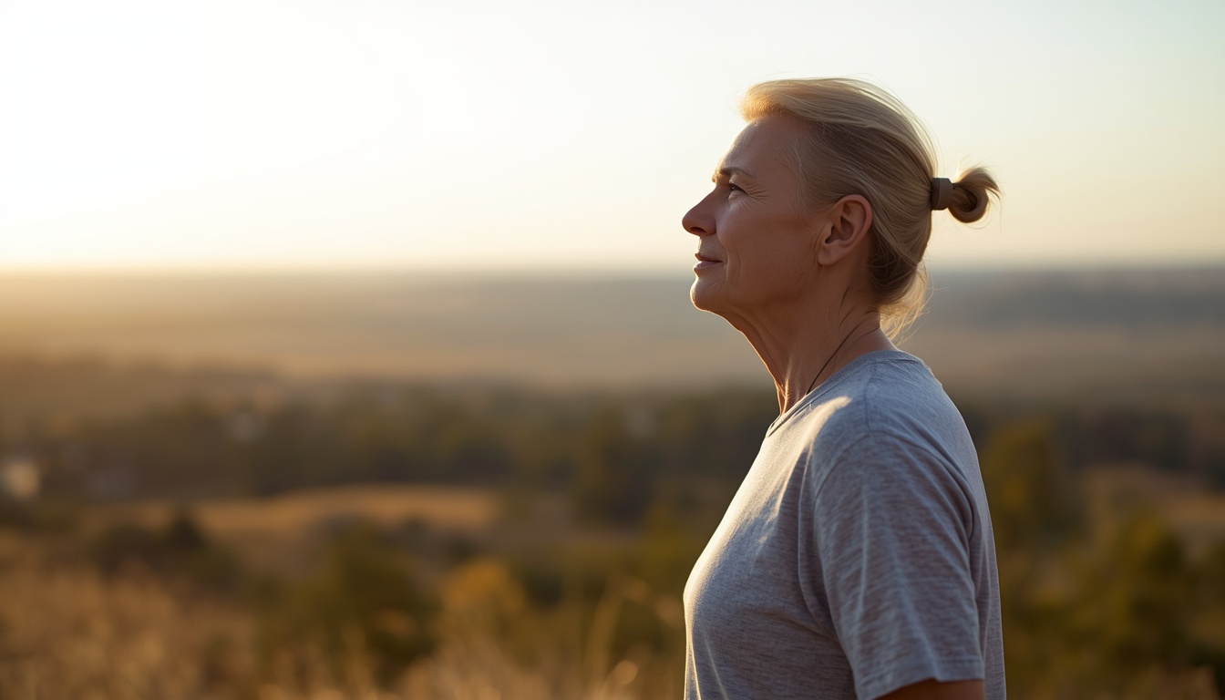 Person outdoors looking toward a distant horizon with an easy upright neck, suggesting natural head posture rather than downward screen gaze