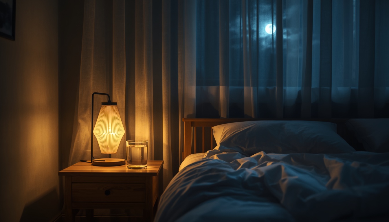 Quiet bedroom at night with a glass of water on a wood nightstand, soft lamp light, parted curtain, calm unmade bed