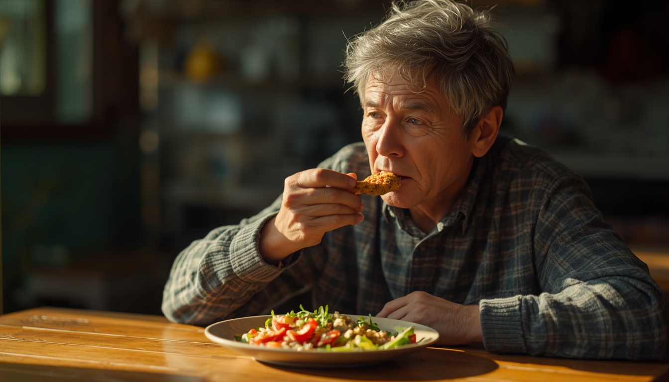 Adult at a sunlit table chewing a mixed meal slowly with a calm everyday expression
