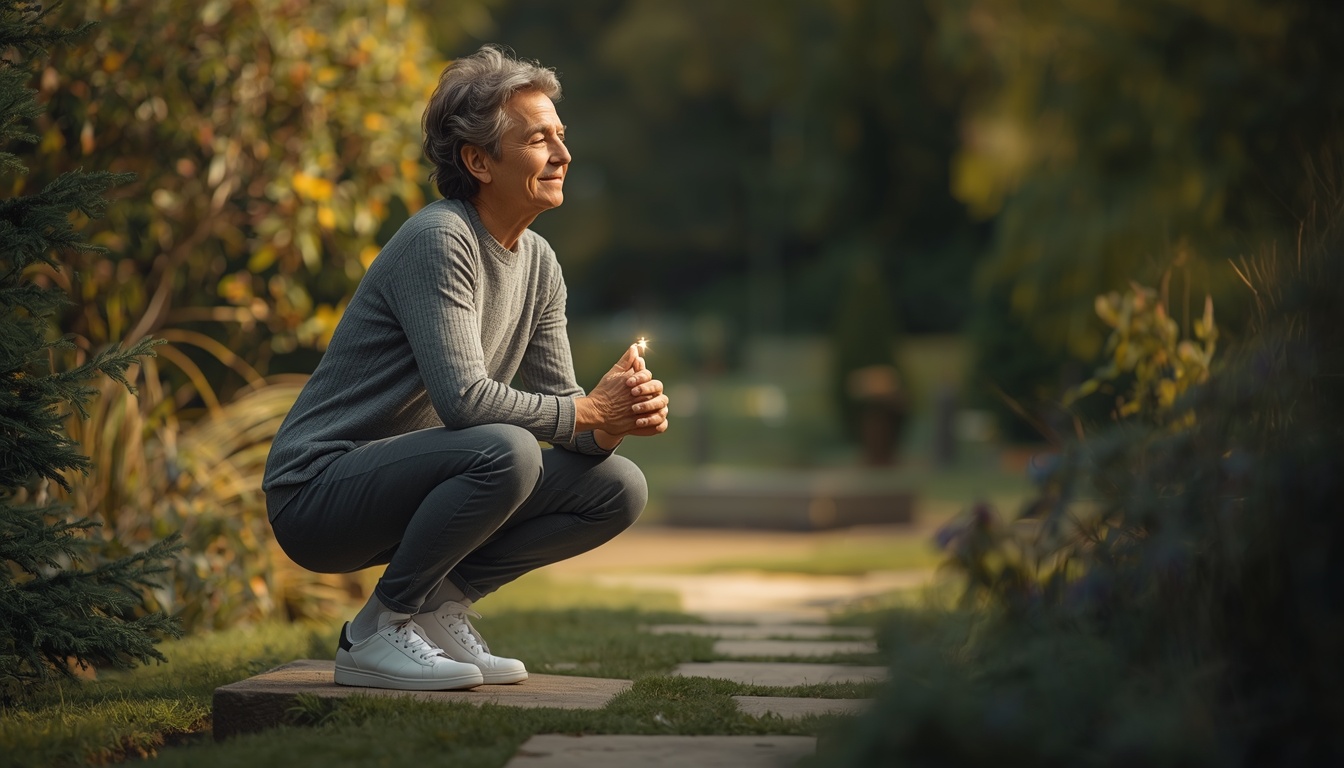 Calm adult in a deep squat near a garden path in warm daylight, pelvis stacked over the feet