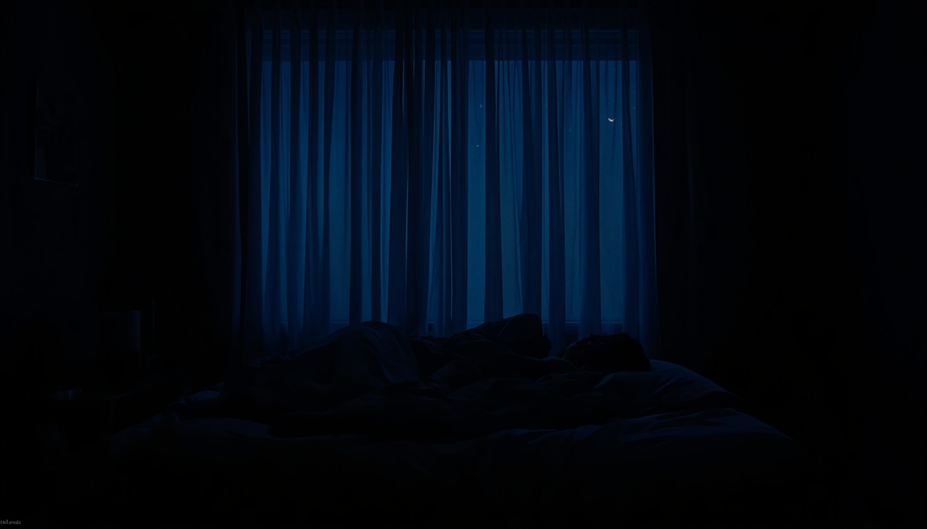 Quiet bedroom at true night with a faint anatomical overlay of the pineal gland as a darkness-sensing clock