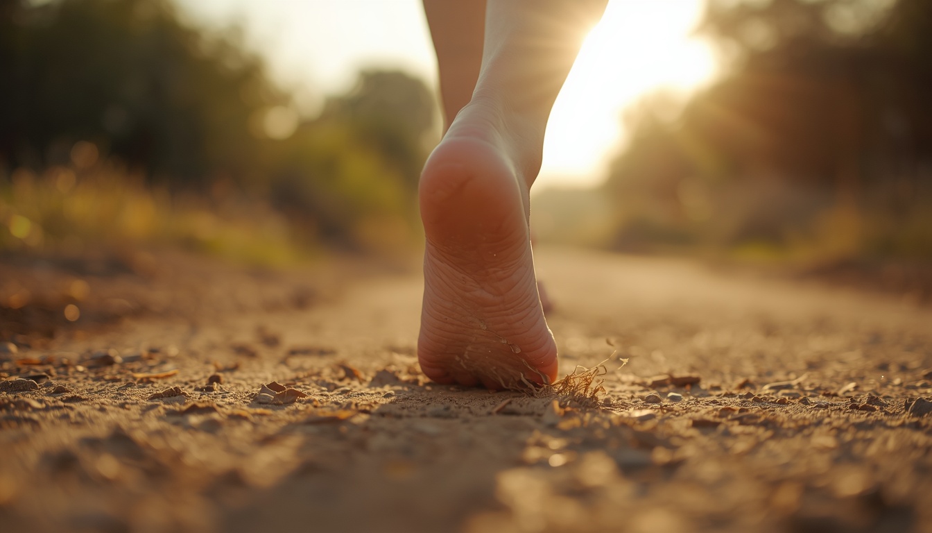 Bare adult foot mid-stride on a dirt path with the arch springing and the toes beginning to lift