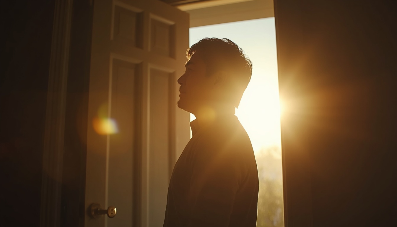 Adult standing at an open doorway looking from a dim indoor room into bright natural daylight, pupils adjusting