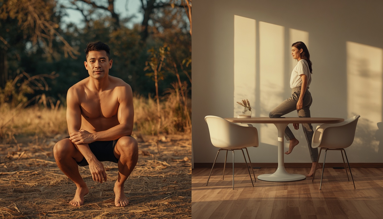 Adult standing up from a low squat on outdoor ground beside a person rising from a high modern chair