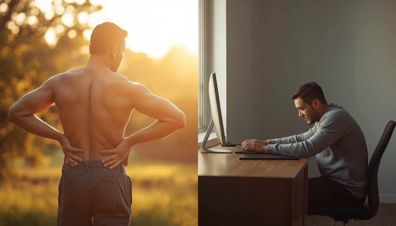 Adult reaching a hand behind the back in warm outdoor light beside a modern desk with forward-hunched typing posture