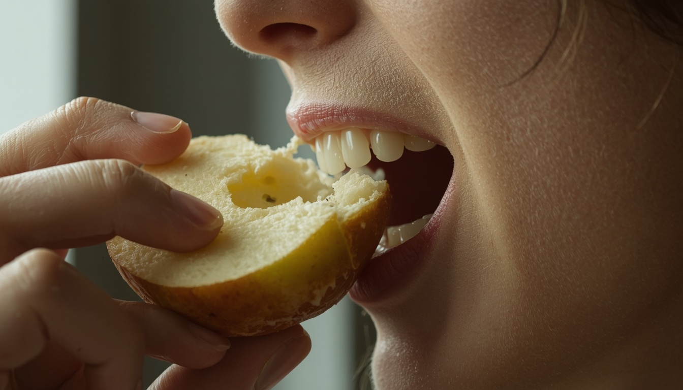 Close-up of a person taking a first bite of a firm whole food with visible jaw effort, saliva beginning to gloss the food as chewing starts
