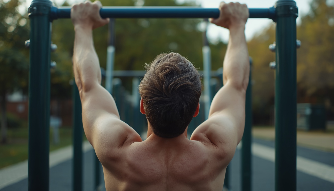Adult reaching up to hang from a playground bar outdoors in natural light