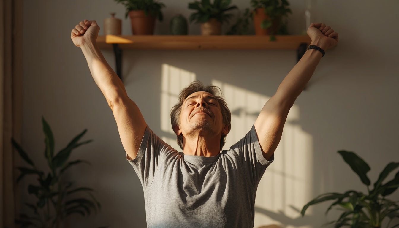Person reaching both arms overhead toward a high shelf in warm natural light