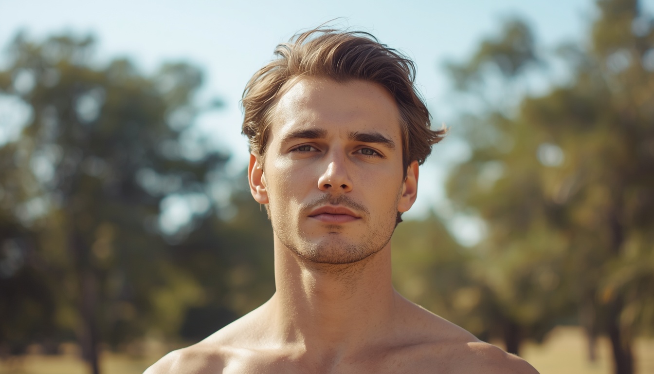 Healthy adult outdoors in soft natural light with calm unmade-up skin, light wind in hair, trees and open air suggesting weather rather than a bathroom product routine