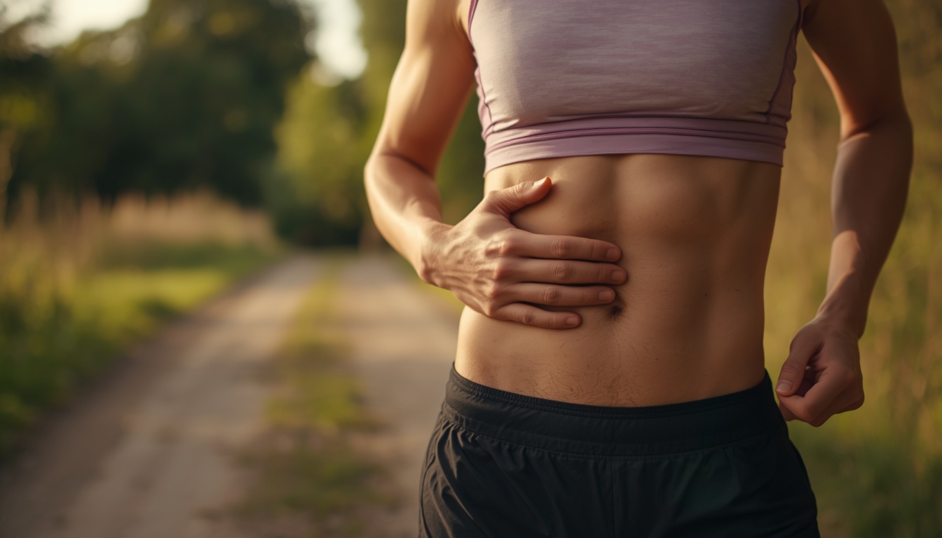 Healthy adult pausing after a brisk outdoor run in soft late-afternoon light, one hand resting calmly at the left upper abdomen