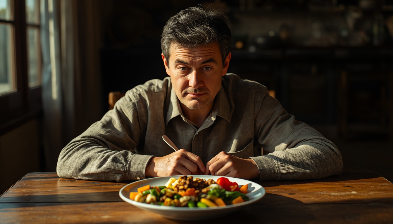 Adult pausing at a sunlit table before eating a mixed meal, calm expression as appetite and digestion begin