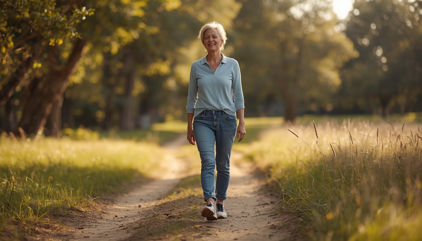 Calm adult walking a gentle outdoor path in warm daylight, mid-stride, relaxed posture, trees and soft ground