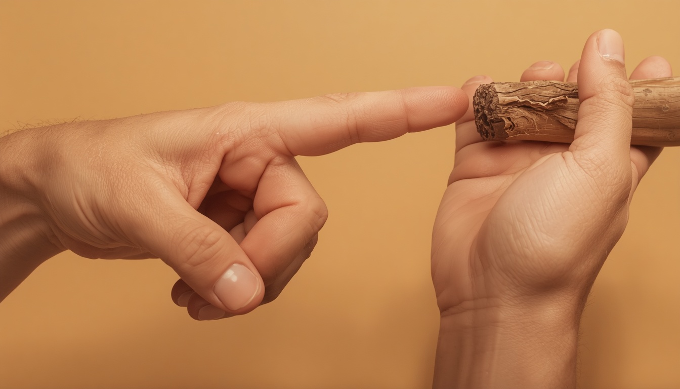 Close-up of a human hand pinching and hanging from a branch showing thumb opposition