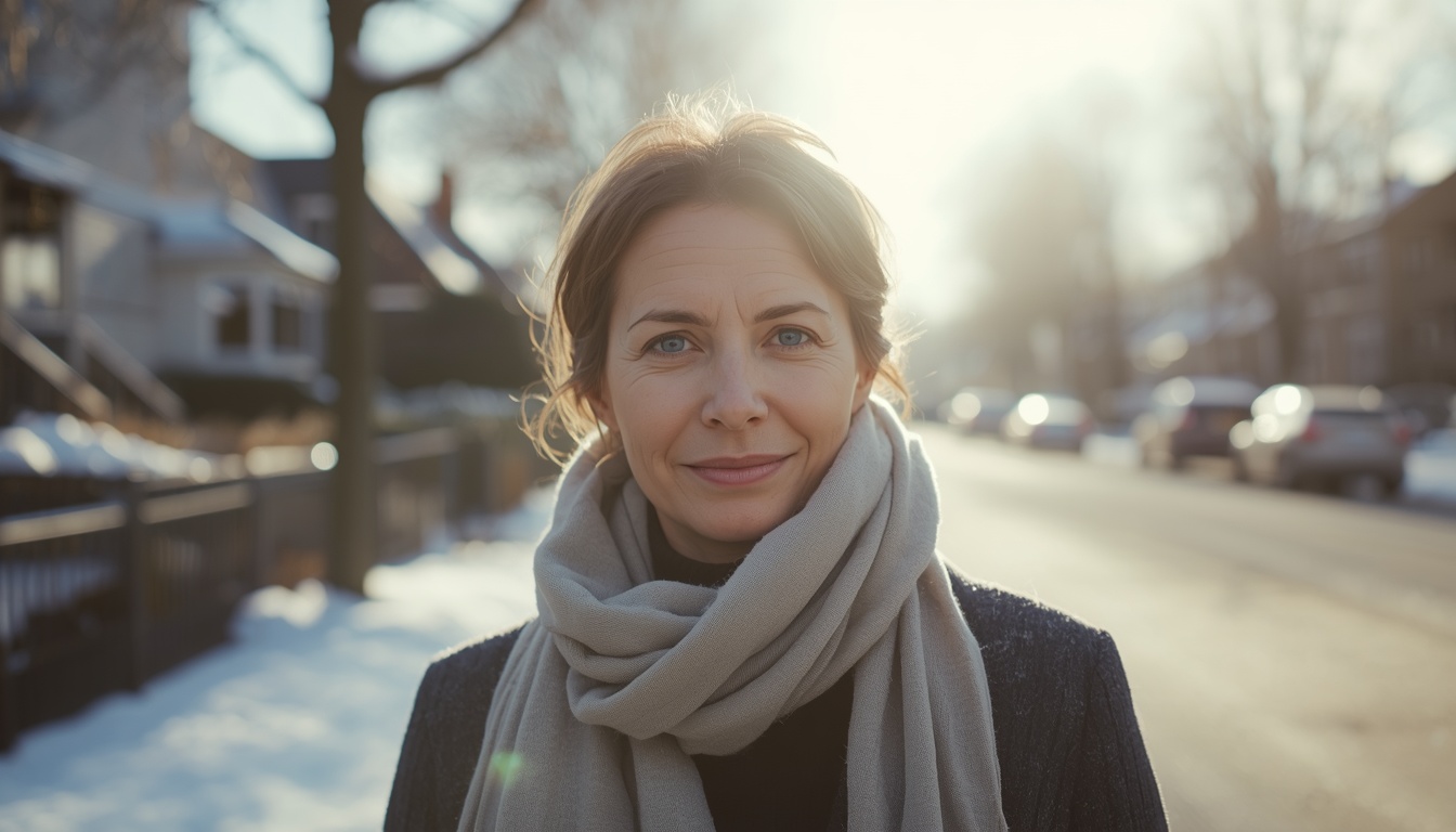 Healthy adult outdoors on a cool bright winter morning, scarf loosely at the neck, soft low sun on a quiet street, calm educational mood