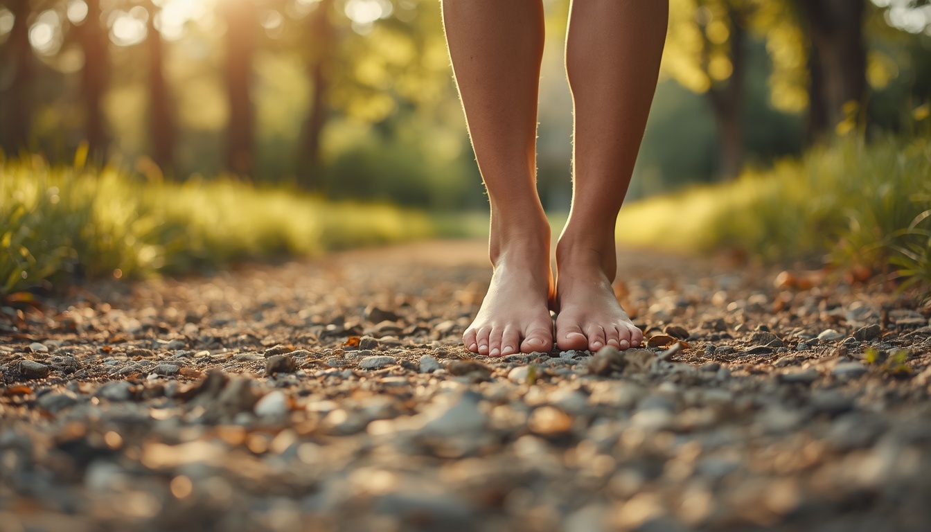 Calm adult standing barefoot on packed earth and grass with toes visibly spread, warm natural daylight, relaxed outdoor setting