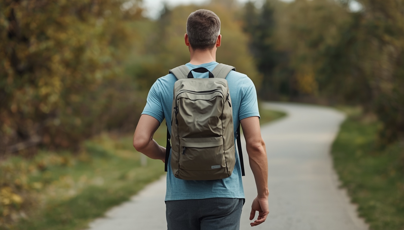 Adult walking outdoors with a well-fitted backpack, shoulders relaxed, natural daylight on an easy path
