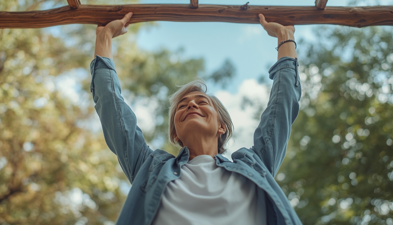 Calm adult reaching both arms up and slightly back toward a high branch or shelf outdoors, chest open, relaxed face in warm daylight