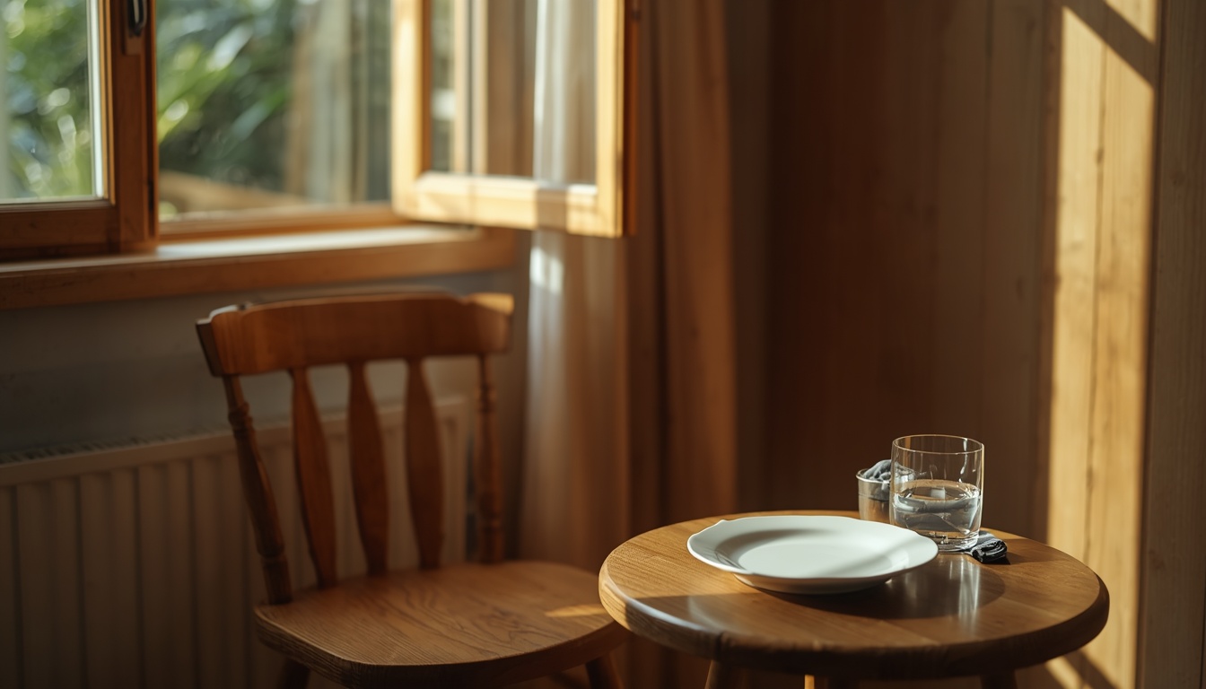 Quiet sunlit room with an empty wooden chair by an open window and a simple finished plate, suggesting a long exhale after a real meal