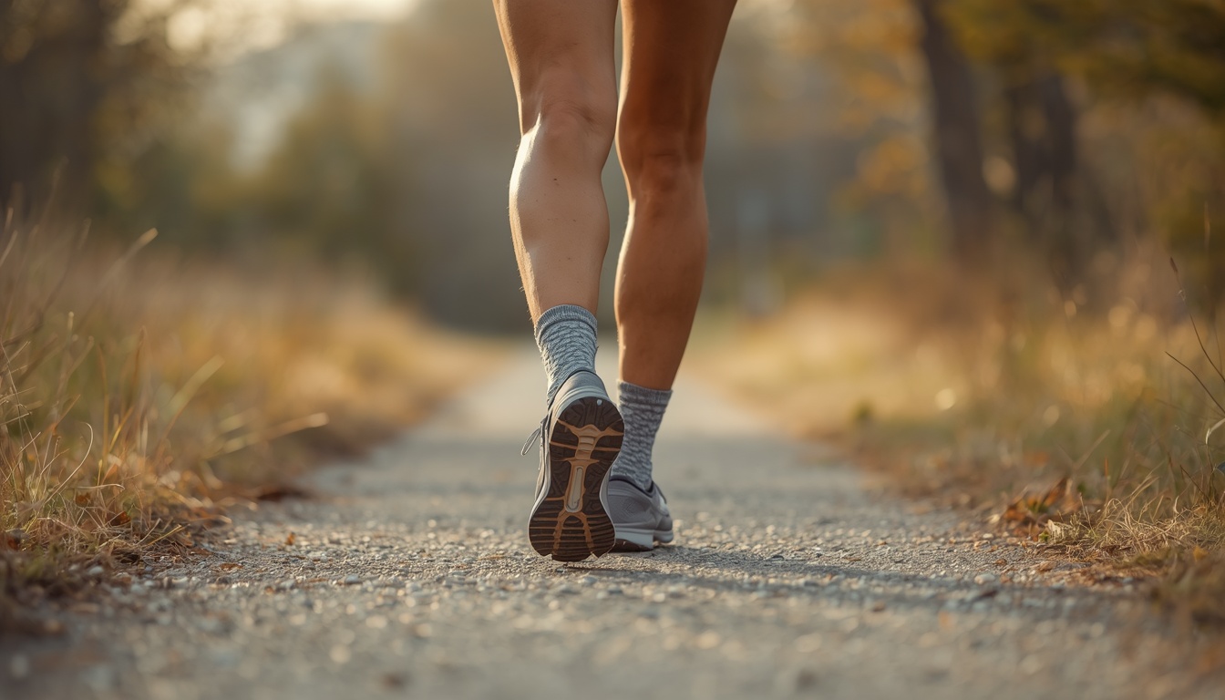 Healthy adult walking on a natural path with calves engaged, suggesting the muscle pump returning blood toward the heart