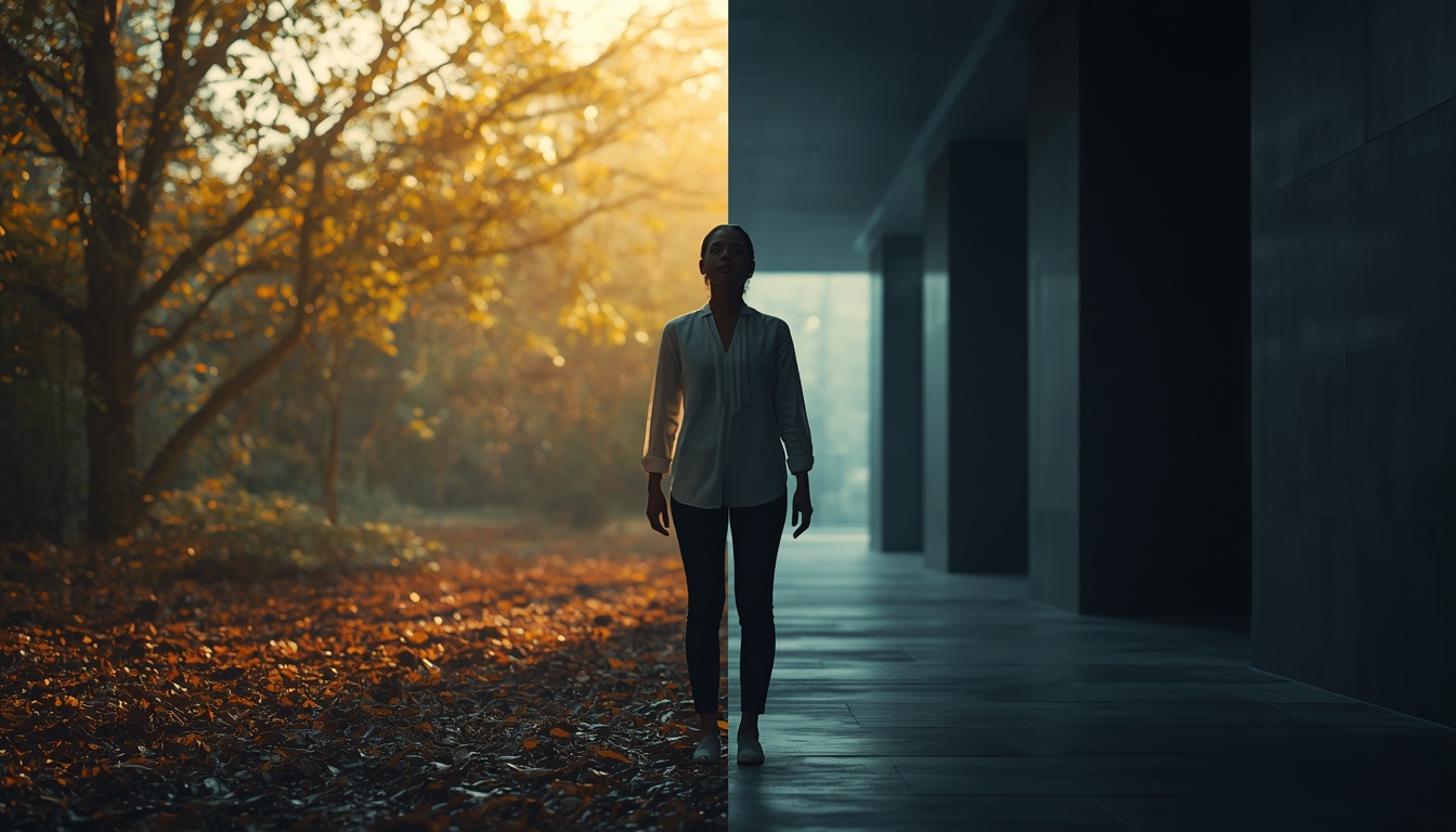Woman standing at the threshold between a natural outdoor landscape and a modern indoor environment, symbolizing the evolutionary trade-offs women’s bodies face in contemporary life